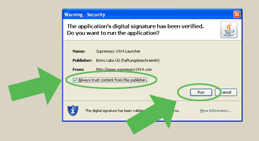 If prompted, you will have to accept the certificate for the game to start.